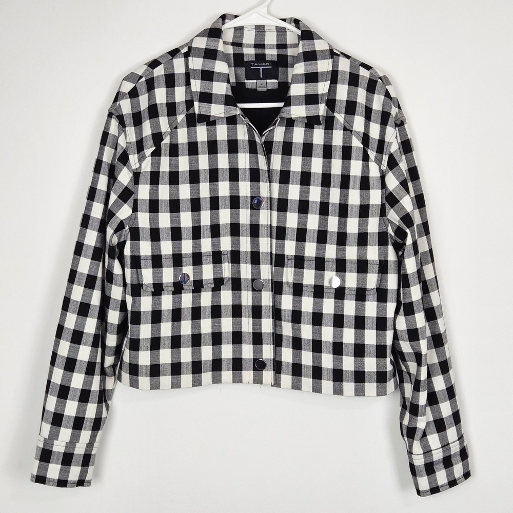 Tahari Womens Size M Cropped Jacket Black White Buffalo Check Gingham Button Up